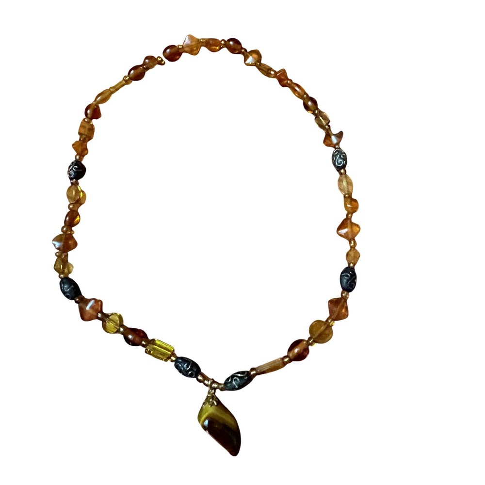 Tiger's Eye Pendant Beaded Necklace Amber Glass Black Scrollwork 22 Inch Boho